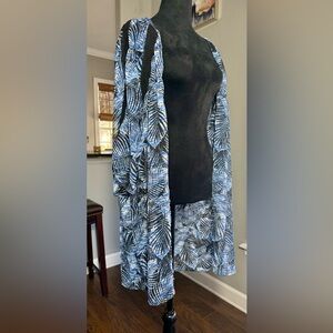 Express, Y2K Blue Palm Leaf Kimono Semi Sheer Chiffon with Lace, Size Large